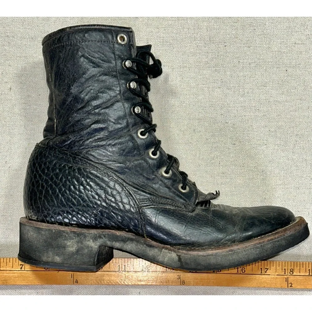 Vintage Justin Men's 8 1/2 B Black Leather Boots Lace‎ Up Speed Lacing Made USA
